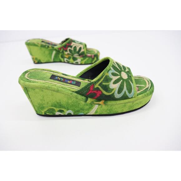 Jams World Vintage Green Wedges with Floral Tiki Print and Thatch Detail Size 8 - Picture 1 of 16